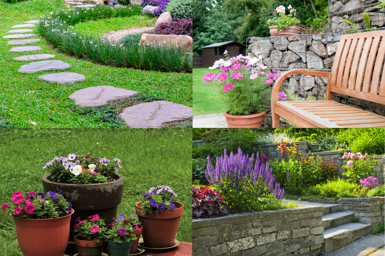 Inspirasjon til hagedesign med blomster, steinmurer og sitteplasser Inspirasjon til hagedesign med steinsti, blomsterkrukker, benk og staudebed.